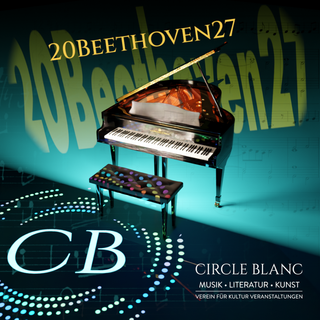 Produktbild für 20Beethoven27. Circle Blanc – Verein für Musik, Literatur und Kunst. Bühne mit Flügel, musikalischen Symbolen und dem Logo 'CB' im farbigen Kreis.