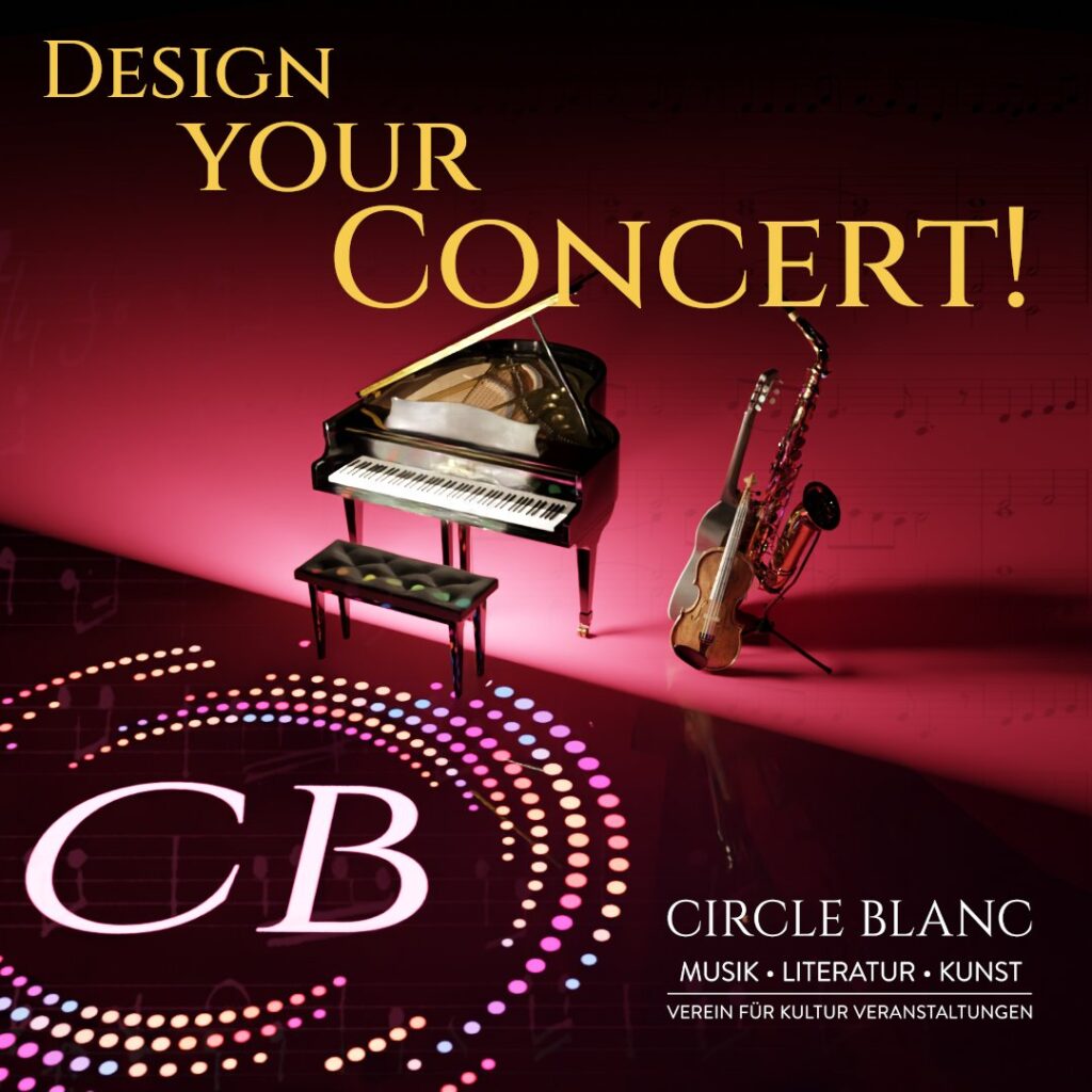 Produktbild für Design your Concert. Circle Blanc – Verein für Musik, Literatur und Kunst. Bühne mit Gitarre, Violine, Saxophon Flügel, musikalischen Symbolen und dem Logo 'CB' im farbigen Kreis.
