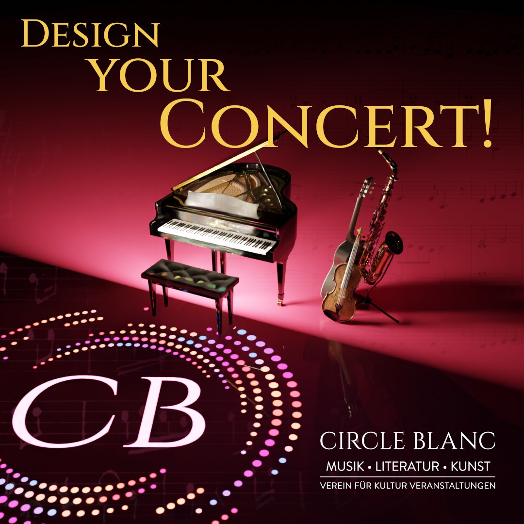 Produktbild für Design your Concert. Circle Blanc – Verein für Musik, Literatur und Kunst. Bühne mit Gitarre, Violine, Saxophon Flügel, musikalischen Symbolen und dem Logo 'CB' im farbigen Kreis.